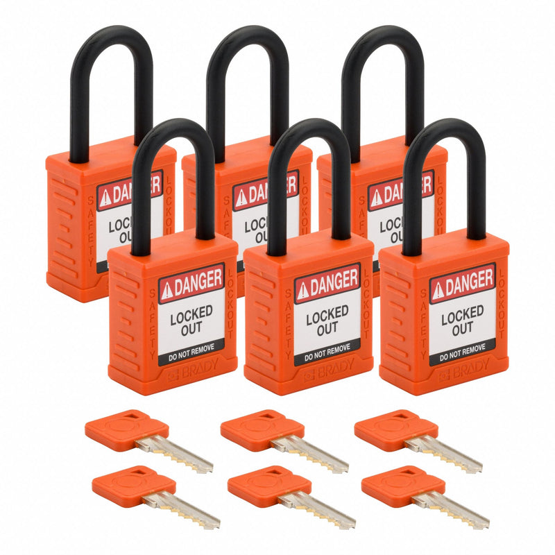 Brady SDPL-ORG-38PL-KD6 Padlock, Keyed Different, Nylon, Std Body Body Size, Plastic, Std, Orange, 6 Pack Size, BRADY