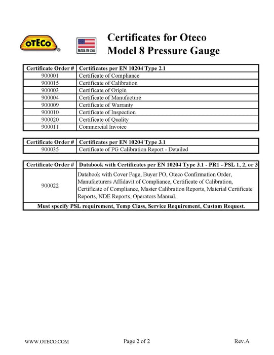 Oteco 381541 Model 8 Pressure Gauge Sour - KVM Tools Inc.KV381541