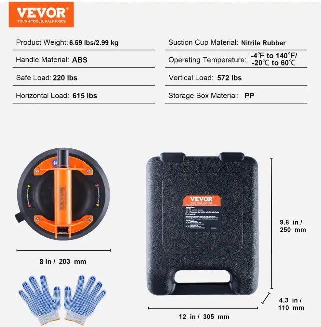 Vevor YXZKXPSL2J8YLA7CMV0 Glass Suction Cup 8 in. Industrial Vacuum Suction Cup 615 lbs. Load Capacity with ABS Handle and Carry Box, 2PK - KVM Tools Inc.KV1010633592