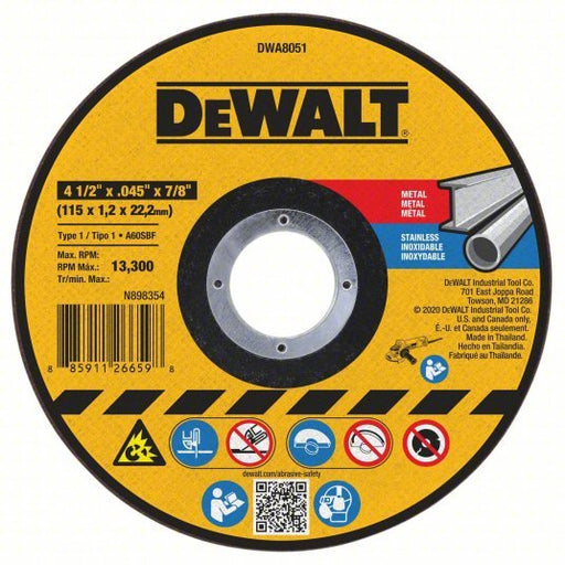 DeWalt DWA8051 Abrasive Cut - Off Wheel Type 1, 4 1/2" x 0.045" x 7/8", Aluminum Oxide, 60 Grit, Metal AO PK25 - KVM Tools Inc.KV120W81