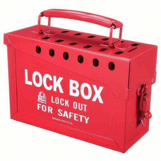 Brady 65699 Group Lockout Box Steel, Red, 6 in x 8.9 in 3.5 in, Portable, Hinged, 13 Padlocks - KVM Tools Inc.KV1D677