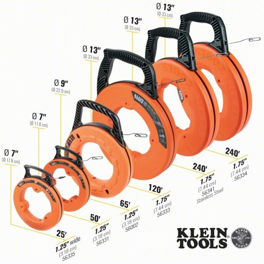 Klein 56331 Steel Fish Tape 50 ft Lg, Flat Tape Shape, Formed Hook End Style, 7 in Case Dia - KVM Tools Inc.KV806FF7