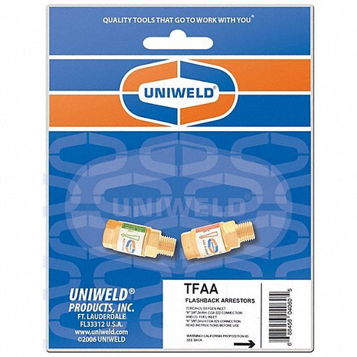 Uniweld TFAA Flashback Arrestor Set Torch Mount, 3/8" - 24, For Oxygen & Fuel - KVM Tools Inc.KV5KH48
