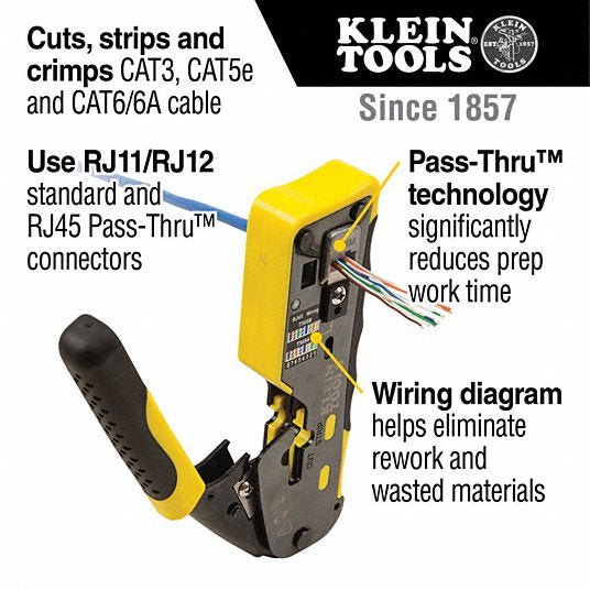 Klein VDV226 - 110 Ratchet Crimper For Pass Thru RJ - 45/RJ - 11/RJ - 12, Cat3/Cat5e/Cat6/6A, Non - Insulated - KVM Tools Inc.KV258X36