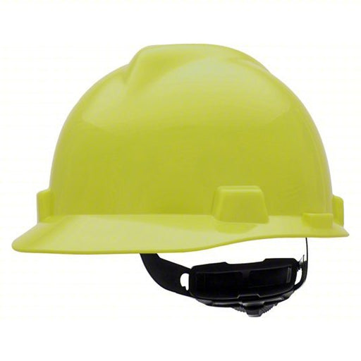 MSA 10061512 Hard Hat Hi-Visibility Yellow, No Graphics, Ratchet (4-Point), Polyethylene, Side-Slots - KVM Tools Inc.KV1AVR8