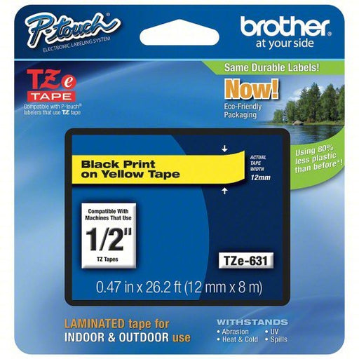 Brother TZe631 Continuous Label Roll Cartridge 1/2 in x 26 13/64 ft, PET, Black on Yellow, Indoor/Outdoor - KVM Tools Inc.KV13C513
