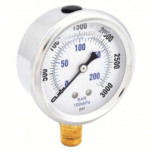PIC PRO-201L-254P Pressure Gauge, 0 to 3000 psi, 1/4 in MNPT, Stainless Steel, Silver - KVM Tools Inc.KV19RZ18