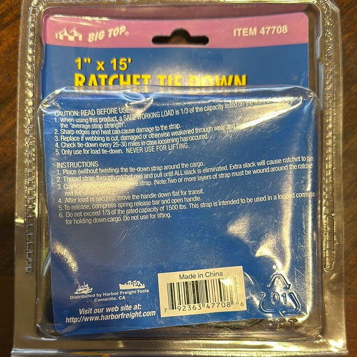 Big Top 47708 1500 lb. Capacity 1 in. x 15 ft. Ratchet Tie Down - KVM Tools Inc.KV47708