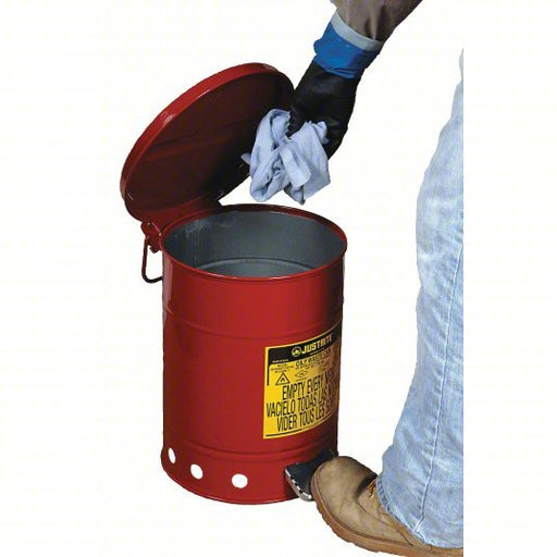 Justrite 09100 Oily Waste Can, 6 Gallon Capacity, Galvanized Steel, Red, Foot Operated Self Closing - KVM Tools Inc.KV2AX55