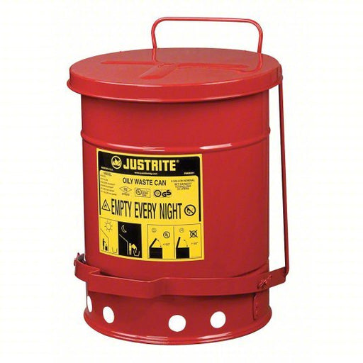 Justrite 09100 Oily Waste Can, 6 Gallon Capacity, Galvanized Steel, Red, Foot Operated Self Closing - KVM Tools Inc.KV2AX55