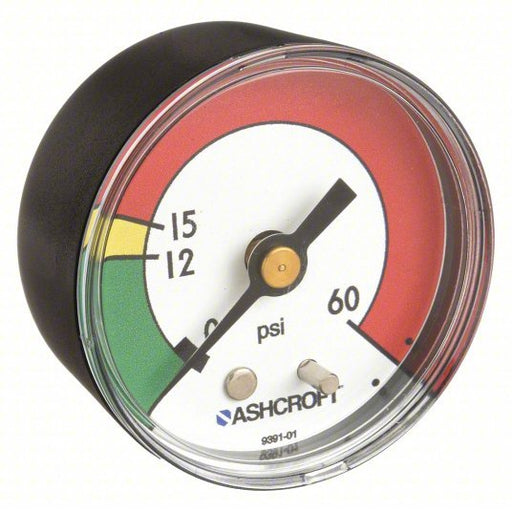 Ashcroft 20W1005PH01B 60 PSI Green/Yellow/Red, 0 to 60 psi, 2 in Dial, 1/8 in NPT Male, 1005P - KVM Tools Inc.KV2C492