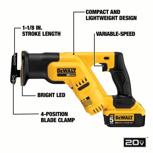 Dewalt DCS387P1 Reciprocating Saw Kit 1 1/8 in Stroke Lg, 2,900 Max. Strokes per Minute, Straight, Compact Tool - KVM Tools Inc.KV31AC42