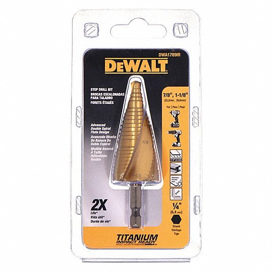 Dewalt DWA1789IR Step Drill Bit 2 Hole Sizes, 7/8 in to 1 1/8 in, 3/4 in Step Increments, Hex Shank - KVM Tools Inc.KV34D733