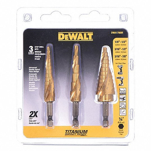 Dewalt DWA1790IR Step Drill Bit Set 31 Hole Sizes, 1/8 in to 7/8 in, 1/4 in Shank Hex Size, Hex Shank - KVM Tools Inc.KV34D734
