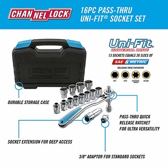 Channellock 39100 3/8" Drive Socket Set, SAE, Metric, 16 pcs - KVM Tools Inc.KV38UU83