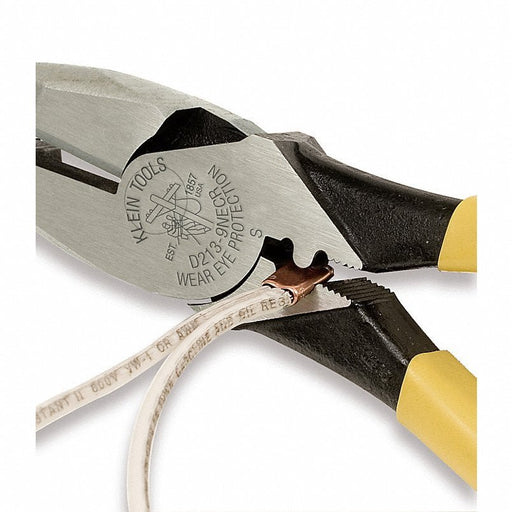 Klein D213-9NE-CR Linemans Plier: Flat, 9 3/8 in Overall Lg, 1 5/8 in Jaw Lg, 1 1/4 in Jaw Wd, 5/8 in Jaw Thick, Steel - KVM Tools Inc.KV4A835