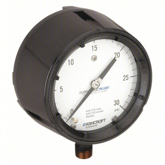 Ashcroft 451279SS04LXLL30 Pressure Gauge, 0 to 30 psi, 1/2 in MNPT, Plastic, Black - KVM Tools Inc.KV4TA43