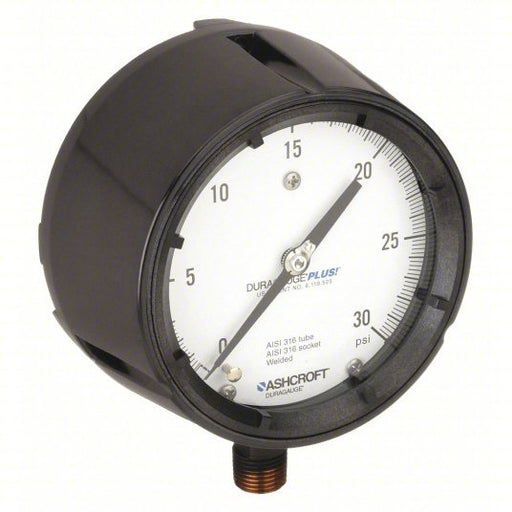 Ashcroft 451279SS04LXLL30 Pressure Gauge, 0 to 30 psi, 1/2 in MNPT, Plastic, Black - KVM Tools Inc.KV4TA43
