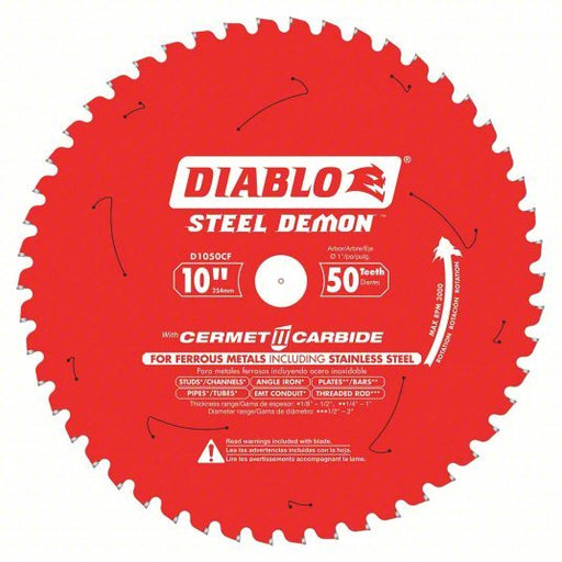 Diablo D1050CF Circular Saw Blade 10 in Blade Dia., 50 Teeth, 0.083 in Cut Wd, 1 in Arbor Size, Solid Stock - KVM Tools Inc.KV52XF50