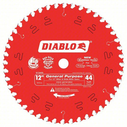 Diablo D1244X Circular Saw Blade 12 in Blade Dia., 44 Teeth, 0.098 in Cut Wd, 1 in Arbor Size - KVM Tools Inc.KV52XF79
