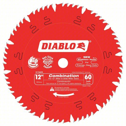 Diablo D1260X Circular Saw Blade 12 in Blade Dia., 60 Teeth, 0.118 in Cut Wd, 1 in Arbor Size - KVM Tools Inc.KV52XF80