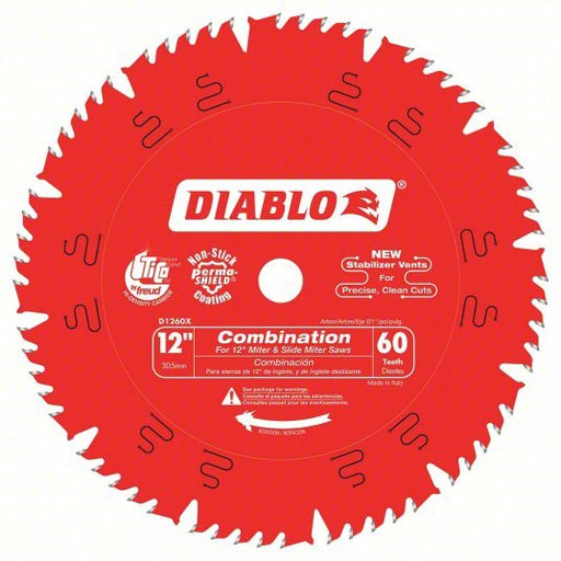 Diablo D1260X Circular Saw Blade 12 in Blade Dia., 60 Teeth, 0.118 in Cut Wd, 1 in Arbor Size - KVM Tools Inc.KV52XF80