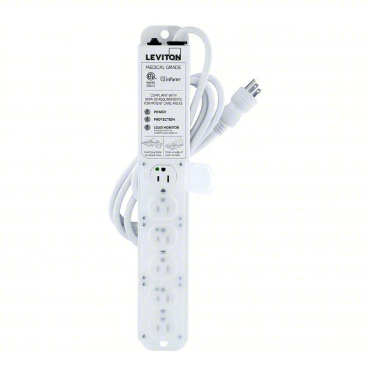 Leviton 53C6M-1S7 Surge Protected Outlet Strip 6 Outlets, Hospital Grade, NEMA 5-15P, 7 ft Cord Lg - KVM Tools Inc.KV791ED0