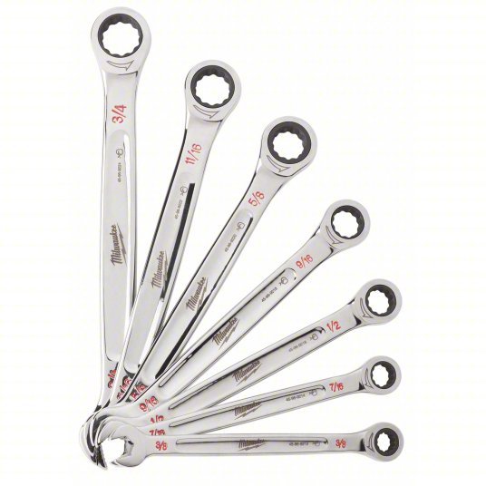 Milwaukee 48-22-9406 Ratcheting Combination Wrench Set, SAE, 3/8 in to 3/4 in Head Sizes, 12 Points, 7-Piece - KVM Tools Inc.KV55MN29