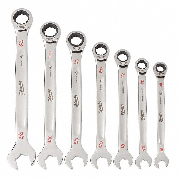 Milwaukee 48-22-9406 Ratcheting Combination Wrench Set, SAE, 3/8 in to 3/4 in Head Sizes, 12 Points, 7-Piece - KVM Tools Inc.KV55MN29