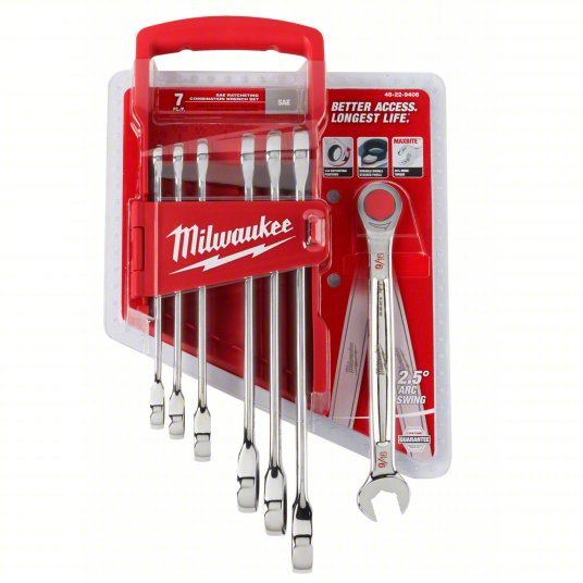 Milwaukee 48-22-9406 Ratcheting Combination Wrench Set, SAE, 3/8 in to 3/4 in Head Sizes, 12 Points, 7-Piece - KVM Tools Inc.KV55MN29