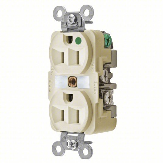Hubbell HBL8200I Receptacle Duplex, 5-15R, 15 A, 125V AC, Ivory, 2 Poles, Hospital Grade Fed. Spec., Screw Terminals - KVM Tools Inc.KV5A078
