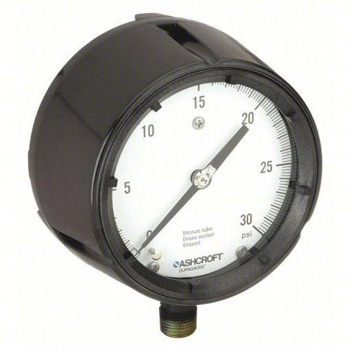 Ashcroft 451279AS04L30# Pressure Gauge, 0 to 30 psi, 1/2 in MNPT, Plastic, Black - KVM Tools Inc.KV5RXY8