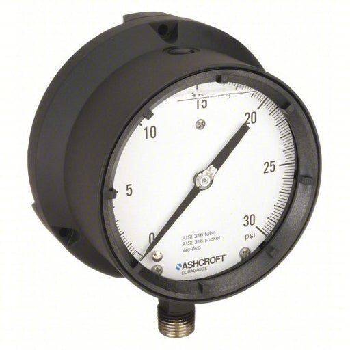 Ashcroft 451379SSL04L30# Pressure Gauge, 0 to 30 psi, 1/2 in MNPT, Plastic, Black - KVM Tools Inc.KV5RYD1