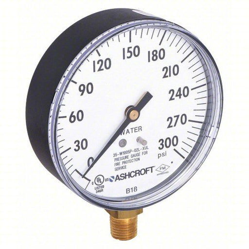 Ashcroft 35W1005PH02LXULZG300#-8382 Pressure Gauge, 0 to 300 psi, 1/4 in MNPT, Plastic, Black - KVM Tools Inc.KV5WJ63