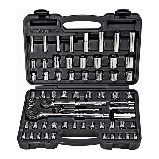Pittsburgh 63461 1/4 in., 3/8 in., 1/2 in. Drive SAE and Metric Socket Set, 64-Piece - KVM Tools Inc.KVHF63461