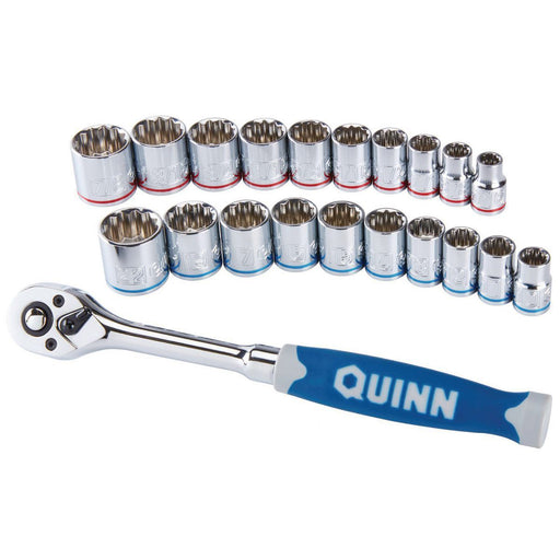Quinn 64536 3/8 in. Drive SAE and Metric Chrome Socket and Ratchet Set, 21-Piece - KVM Tools Inc.KVHF64536