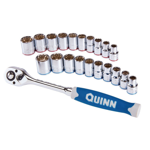Quinn 64538 1/2 in. Drive SAE and Metric Chrome Socket and Ratchet Set, 21 Piece - KVM Tools Inc.KVHF64538