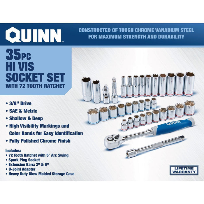 Quinn 64555 3/8 in. Drive SAE and Metric High Visibility Socket Set, 35-Piece - KVM Tools Inc.KVHF64555