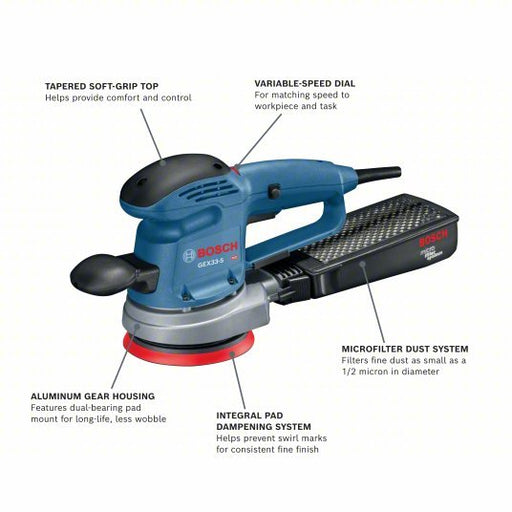 Bosch GEX33-5N Corded Sander 5 in Dia, Random Orbital, Hook and Loop, 3/16 in Orbit, Variable Speed, 3 A - KVM Tools Inc.KV802GA9