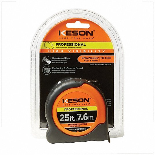 Keson PGPRO10M25V Tape Measure Inch/Engineer's Scale, Nonmagnetic Single Hook Tip, Plastic with Rubberized Grip - KVM Tools Inc.KV787PH4