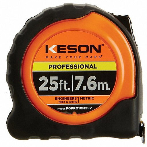 Keson PGPRO10M25V Tape Measure Inch/Engineer's Scale, Nonmagnetic Single Hook Tip, Plastic with Rubberized Grip - KVM Tools Inc.KV787PH4